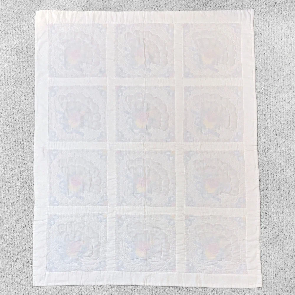 VTG‎ Handmade Quilted Cross Stitch Cottage Floral Fans 52